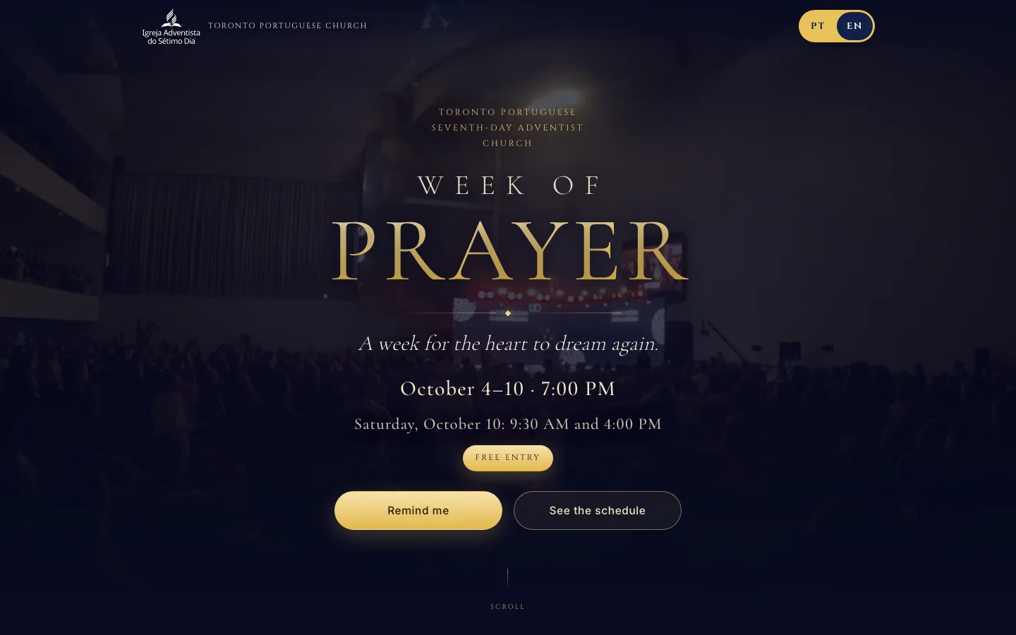 The Week of Prayer event page, with the dates and a Remind me button